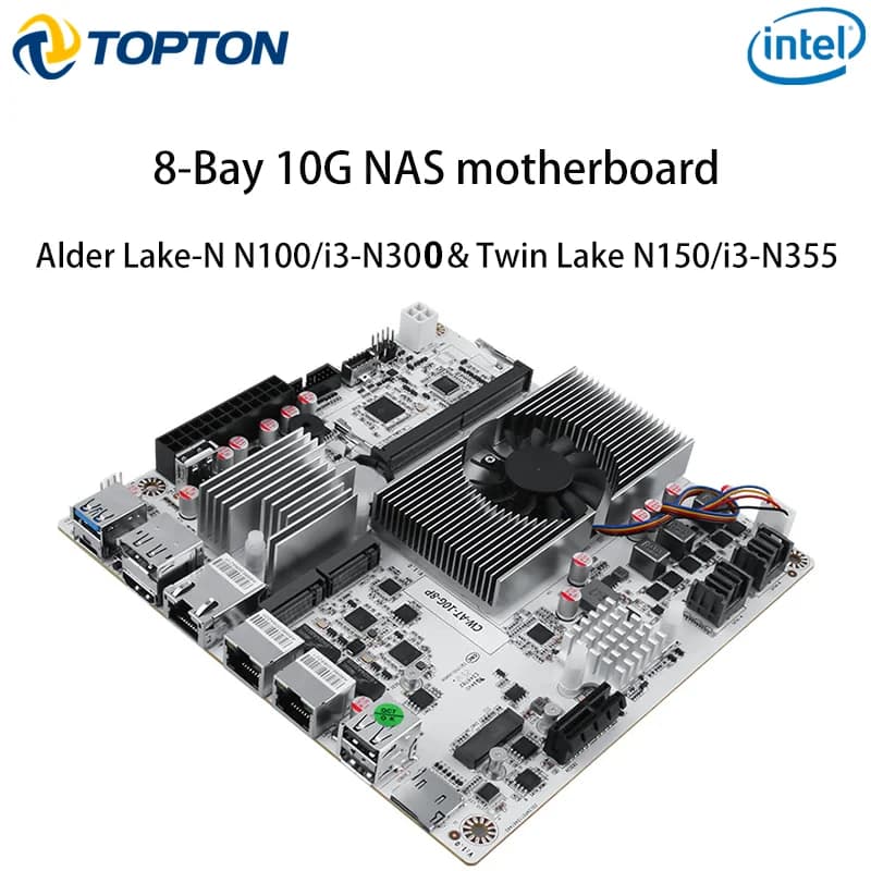 Topton 8-Bay 10G NAS Motherboard Intel i3-N300 N150 1*10G+2*2.5G LANs 2*NVMe 2*SFF-8643 to 8*SATA Type-C Firewall ITX Mainboard