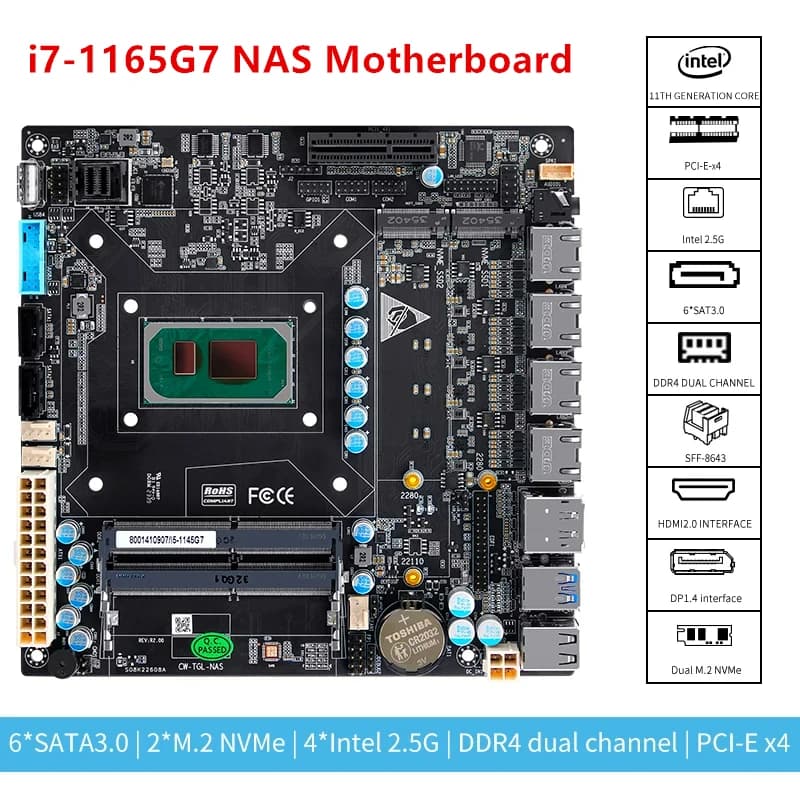 6 Bay NAS Motherboard 11th Gen Intel I7 1165G7 I5 1135G7 I3 1115G4 4x I226 2.5G 6xSATA 2xM.2 NVMe PCIEx4 Mini ITX Firewall Board