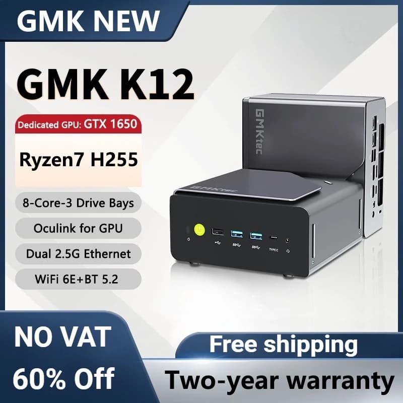 GMK K12 New Mini PC，AMD Ryzen R7 H255 8-Core, GTX 1650 & Radeon 780M, 64GB 1TB, USB4.0 Oculink, Dual 2.5G, WiFi 6E, 3 Drive Bays