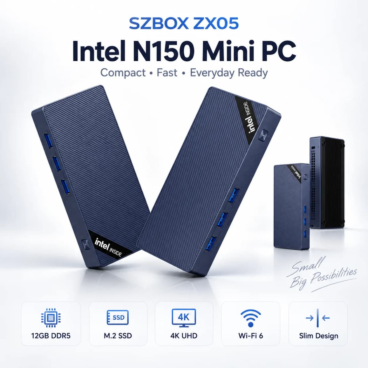 SZBOX Twin Lake N150 MINI PC Windows 11 Pro LPDDR5 12GB M.2 2280 NVME 1TB SSD Wifi 6 BT 5.2 RJ45 HD Desktop Gaming Computer