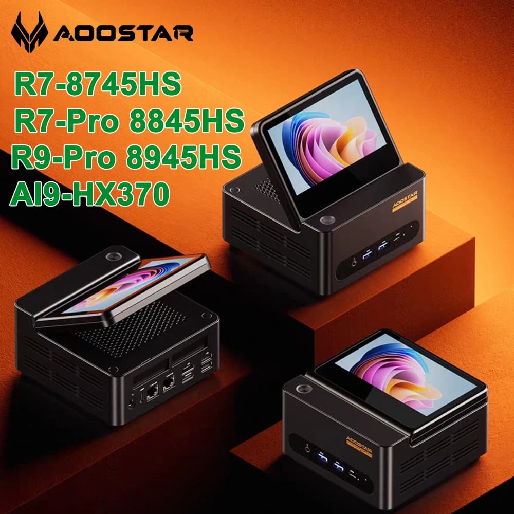 Aoostar G-FLIP AMD Ryzen AI9 HX370/R7 8745HS/R7 8845HS/R9 Pro 8945HS Mini PC Gaming Computer 5' Screen WIFI BT USB4 OCuLink