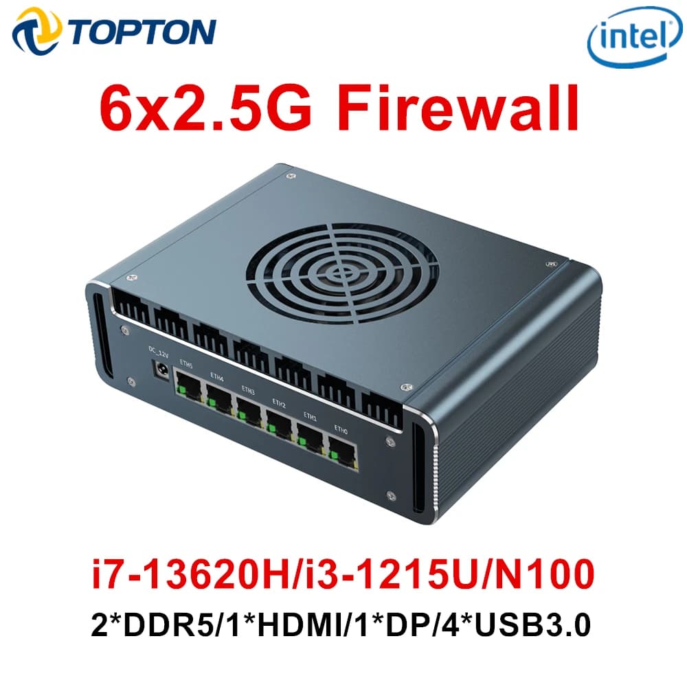 Topton Solid I7 13620H I3 1220P N300 Core 3 100U Firewall Mini PC 6x2.5G LAN DDR5 NVMe Proxmox PfSense OPNsense Mini Computer