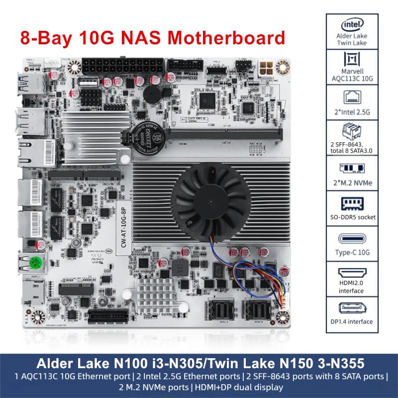 TOPTON 10G NAS Motherboard 8-Bay Intel I3-N300 N150 2*2.5G LAN 2*NVMe 2*SFF-8643 to 8*SATA PCIex1 DDR5 Firewall PC ITX Mainboard