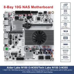 TOPTON 10G NAS Motherboard 8-Bay Intel I3-N300 N150 2*2.5G LAN 2*NVMe 2*SFF-8643 to 8*SATA PCIex1 DDR5 Firewall PC ITX Mainboard