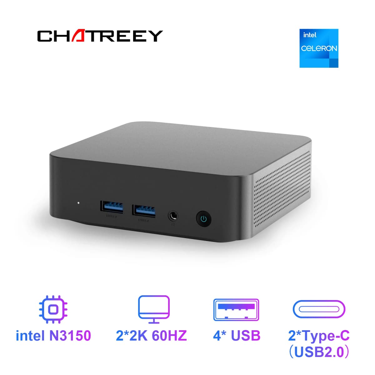 Chatreey T9 Mini PC Intel N3150 WIFI5 Windows 11 Ultra Small Pocket Computer Dual SSD Type-C 2K 60Hz RGB