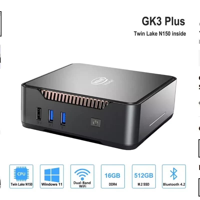 GK3 Plus Intel N100/N150 Quad Core Quad Thread Mini PC Win 11 pro 32GB DDR4 WIFI5 1TB SSD BT4.2 HDMI RJ45 1000M 4K HD Pocket PC