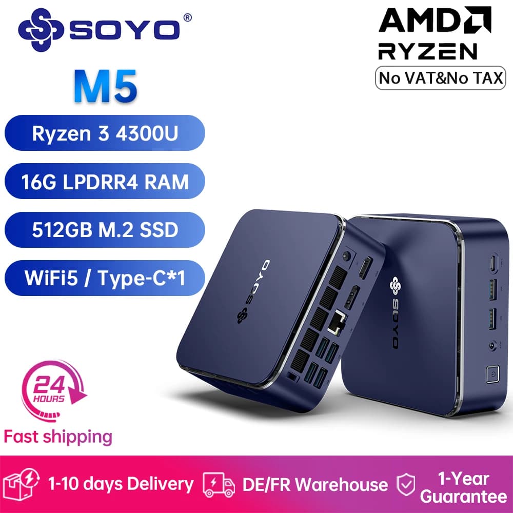 SOYO Mini Computers AMD Ryzen 3 4300U 16G LPDDR4 RAM 512 M.2 SSD ROM M5 Mini PC HDMI-compatible DP Dual 4K UHD for Home/Business