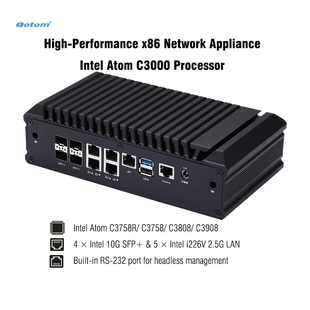 Mini PC Q20300G9 CPU Atom C3000, 4x 10G SFP+, 5x 2.5G LAN, Barebone Support 2x DDR4 RAM, 2x NVMe SSD, 2x HDD, Firewall Router