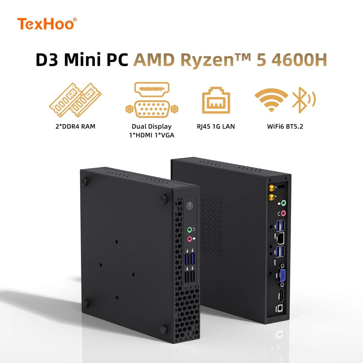 Texhoo MINI PC AMD Ryzen5 4600H Windows 11 16G DDR4 2666MHz 512G NVMe SSD Desktop Mini Computers WIFI6 BT5.2 Dual 4k Display