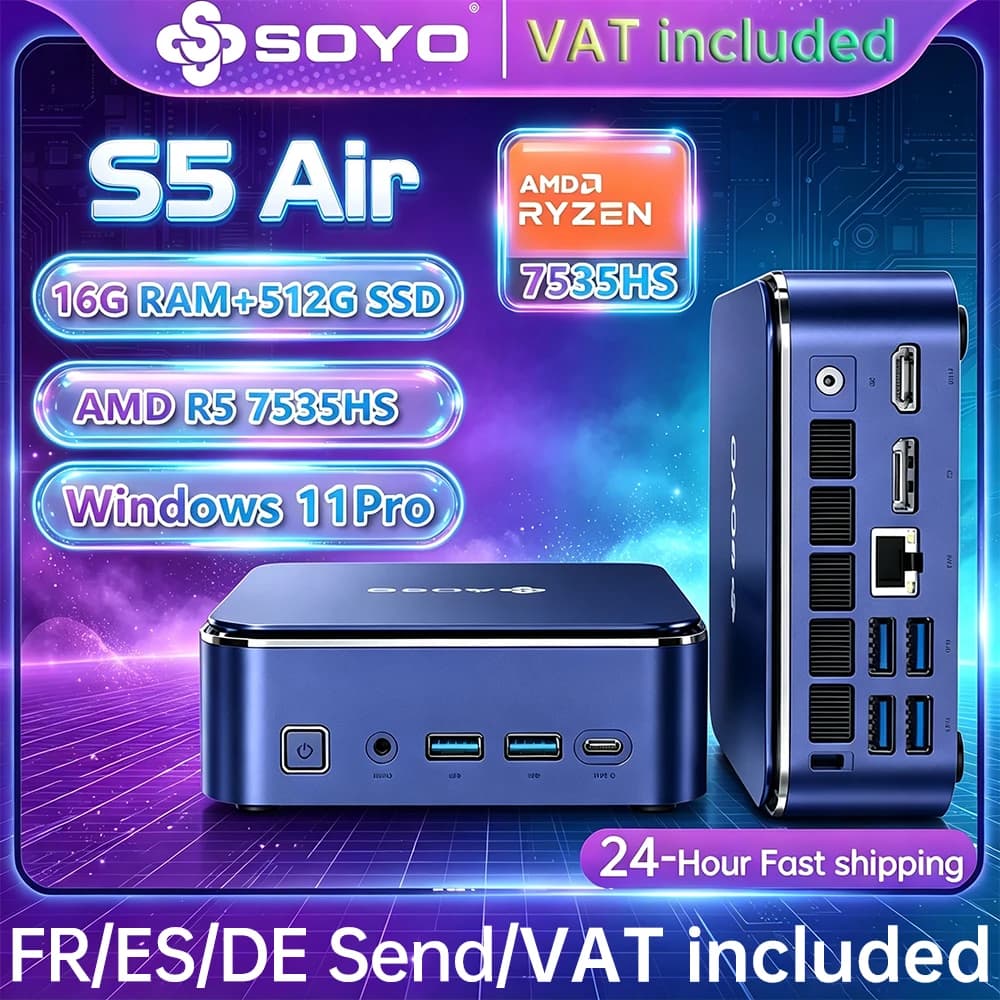 SOYO S5 Air Mini PC AMD Ryzen 5 7535HS 16GB LPDDR5 512GB M.2 SSD Windows 11 Pro AMD Radeon Graphics Mini Desktop Computer Dual HDMI Type-C RJ45 Home Office Gaming Micro PC