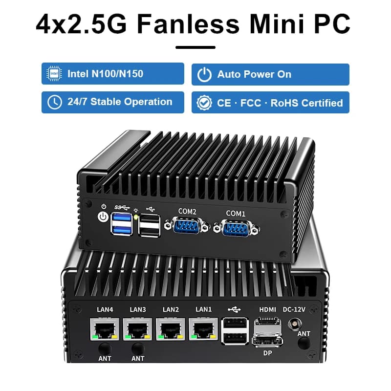 Topton Intel N150 N100 4x2.5G LAN Fanless Mini PC 2*COM DDR4 NVMe SATA Efficient Cooling Solid Firewall PC Industrial Computer