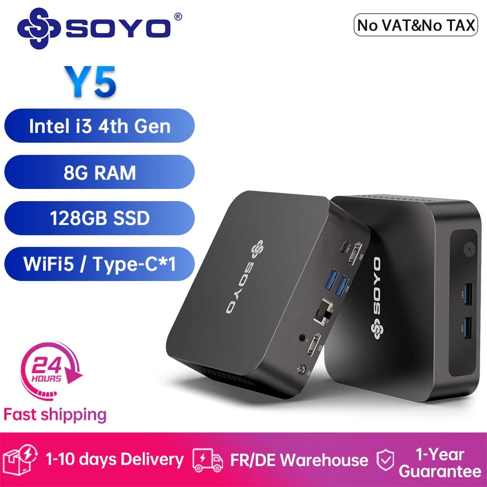 SOYO Y5 Mini PC Intel Core i3 4th 8G RAM 128GB SSD  Mini Computer Windows 10 Pro 4K Dual Display Desktop Computer WiFi 5 Type-C