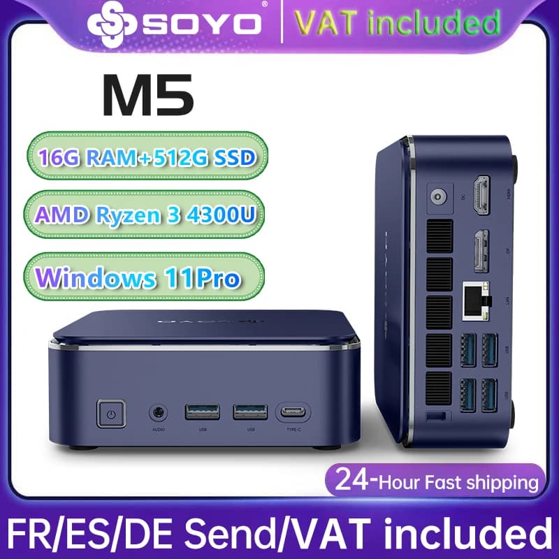 SOYO M5 Mini PC AMD Ryzen 4300U W-11 Pro (4C/4 Pokemon pinata, up to 3,7 GHz) 16GB LPDDR4/512GB SSD, 4K desk PC @ 60Hz Triple screen (HDMI + Type-C + DP 1.4)/Wi-Fi 5/BT 4.2/LAN for multimedia desk education