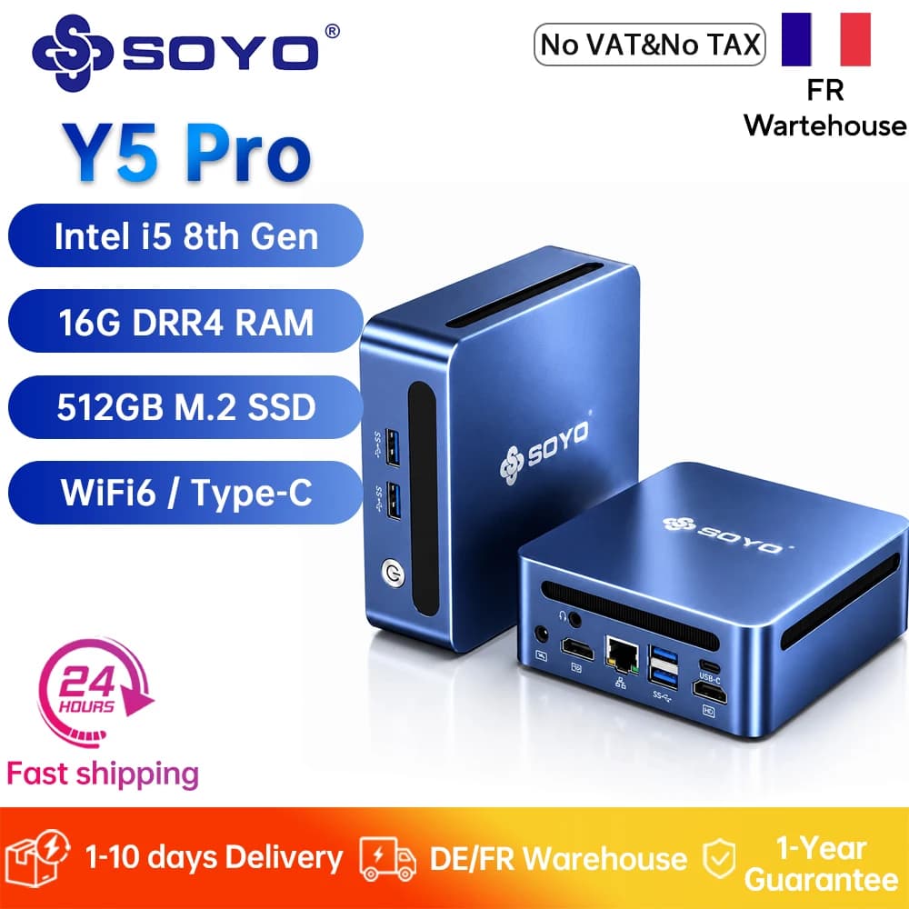 SOYO Y5 Pro Mini PC Intel i5 8th Gen 16GB DDR4 RAM 512 M.2 SSD Win11Pro Mini Computer Dual 4K Display WiFi6 Desktop Computer