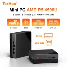 Texhoo MINI PC Ryzen 5 4500U DDR4 16G RAM 512G SSD WIFI6 BT5.2 Windows 11 LAN*2 HDMI*2 USB3*3 Dual 4k Display Desktop Computer