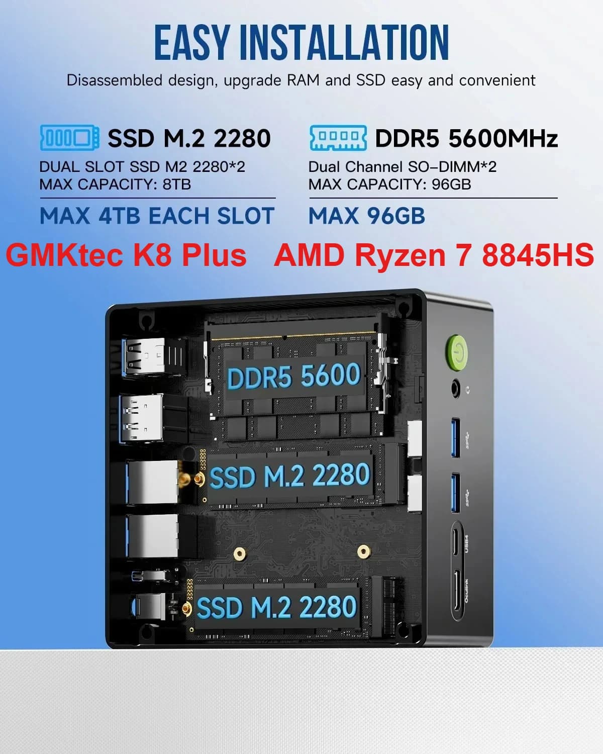 GMKtec K8 Plus AMD Ryzen 7 8845HS MINI PC Support Oculink WIFI6 BT5.2 Wins11Pro DDR5 5600Mhz PCIe SSD Desktop Gamer Computer