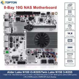 Topton 8-Bay 10G NAS Motherboard Intel i3-N300 N150 1*10G+2*2.5G LANs 2*NVMe 2*SFF-8643 to 8*SATA Type-C Firewall ITX Mainboard