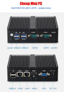 Fanless Industrial Mini PC J6412 J4125 12th Gen N100 N150 2*LAN RS232 HD VGA Win10/11 Linux Ubuntu WIFI Desktop Computer Home PC