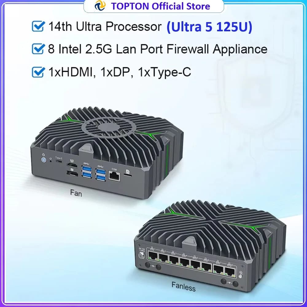 Topton Firewall IoT Mini PC 14th Gen Intel Core Ultra 5 125U 8*2.5G LAN VPro AI Edge Mini Industrial Computer Network Server