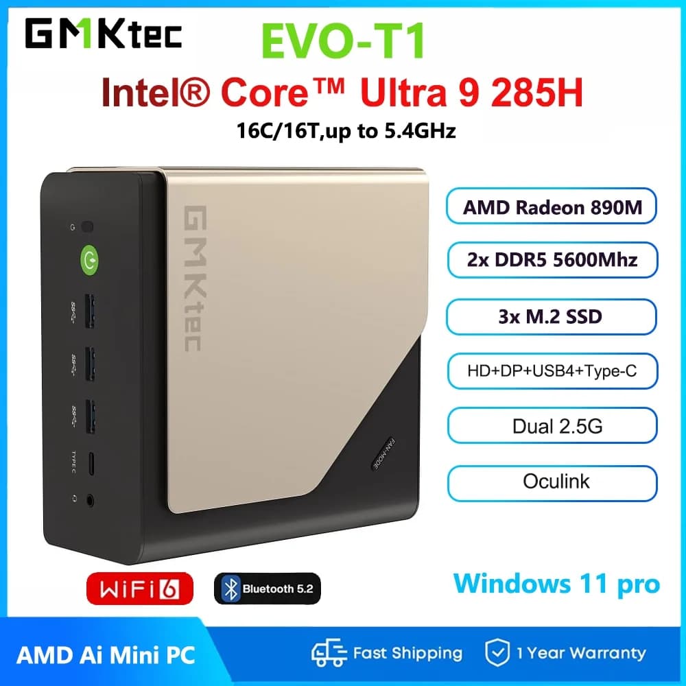GMKtec EVO-T1 AI Mini PC Intel Core Ultra 9 285H DDR5 5600 USB4 Dual 2.5G LAN WiFi 6 BT5.2 Windows 11 Pro Gaming Desktop