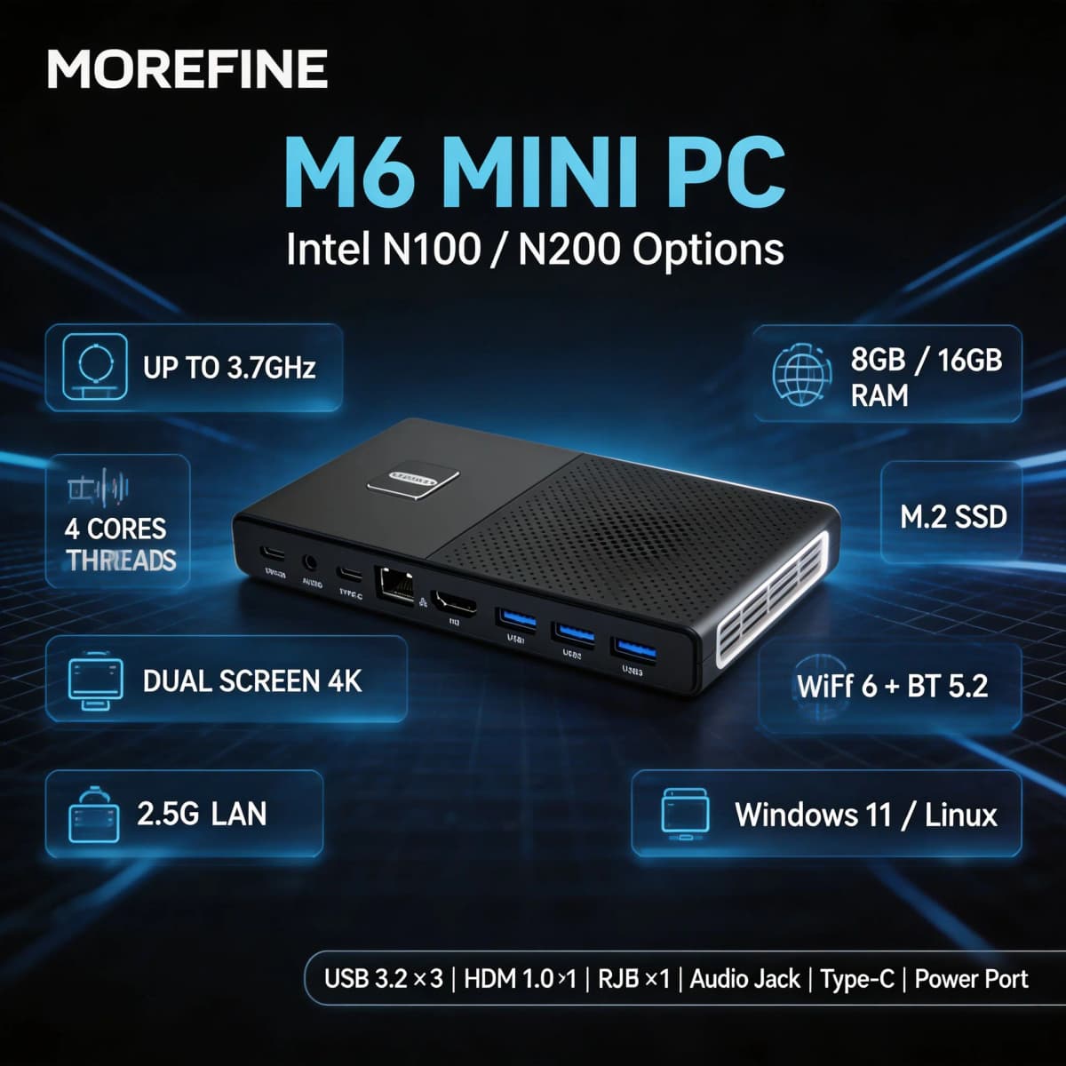 MOREFINE M6 Intel N100/N200 Mini PC DDR5 Dual Channel RAM Dual M.2 SSD Windows 11 Pro WiFi 6 Bluetooth 5.2 Desktop Computer