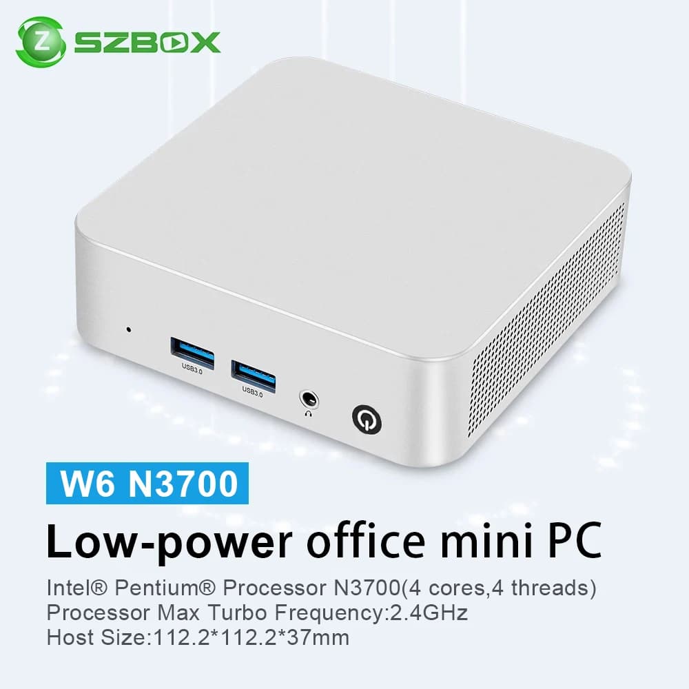 SZBOX W6 Mini PC Intel N3700 MINI PC Windows 10 SO-DIMM RAM 8GB 128GB SSD RJ45 1000M LAN M.2 SATA3*2 Desktop Gaming Computer