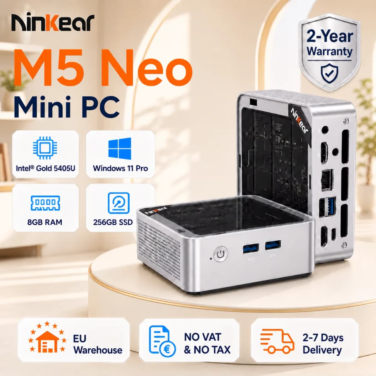 Ninkear M5 Neo Mini Pc, Intel Pentium Gold 5405U, 8GB RAM 256GB SSD, Windows 11, Dual Hdmi, Wifi 5, Bluetooth 5.0, 2Tb Expansion Triple-Screen Display
