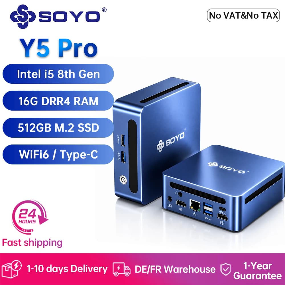 SOYO Mini PC Y5 Pro Intel i5 8th GEN 16GB DDR4 RAM 512GB M.2 SSD Win11 Pro Mini Desktop Computers Dual 4K Display WiFi 6 Type-C