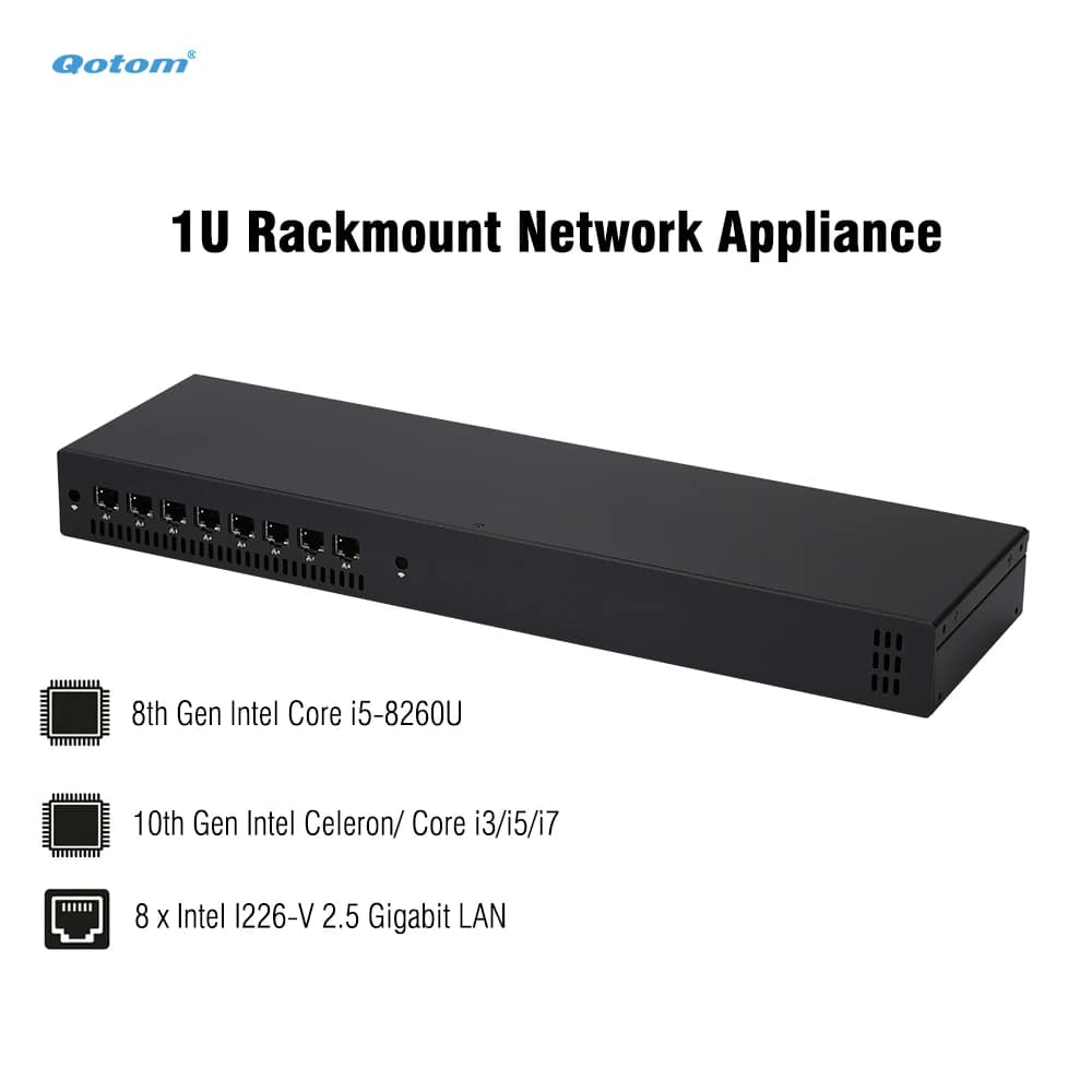 Qotom 1U Rackmount Mini PC 8x 2.5G LAN Intel Core I7/I5/I3 Firewall Router Fan Cooling VPN Server OPNsense PfSense Barebone
