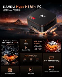 KAMRUI Mini PC R7 7735HS 16GB LPDDR5 512GB PCIe3.0 SSD Triple 4K Disply WiFi6 BT5.2 2.5Gbps LAN Win11Pro for Light Gaming Office