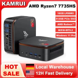 KAMRUI Mini PC R7 7735HS 16GB LPDDR5 512GB PCIe3.0 SSD Triple 4K Disply WiFi6 BT5.2 2.5Gbps LAN Win11Pro for Light Gaming Office