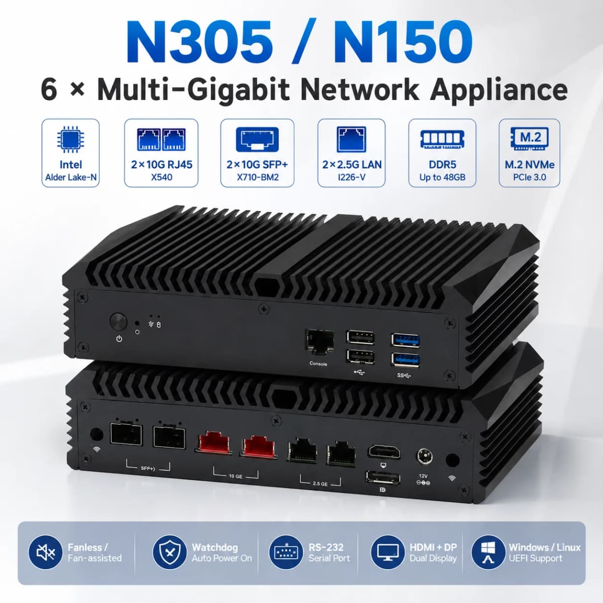 QOTOM Q10900U6 10GbE Firewall Mini PC N305 N150 2X X540 10G LAN 2X 2.5G LAN 2 X 10G SFP+ AES-NI VPN Server