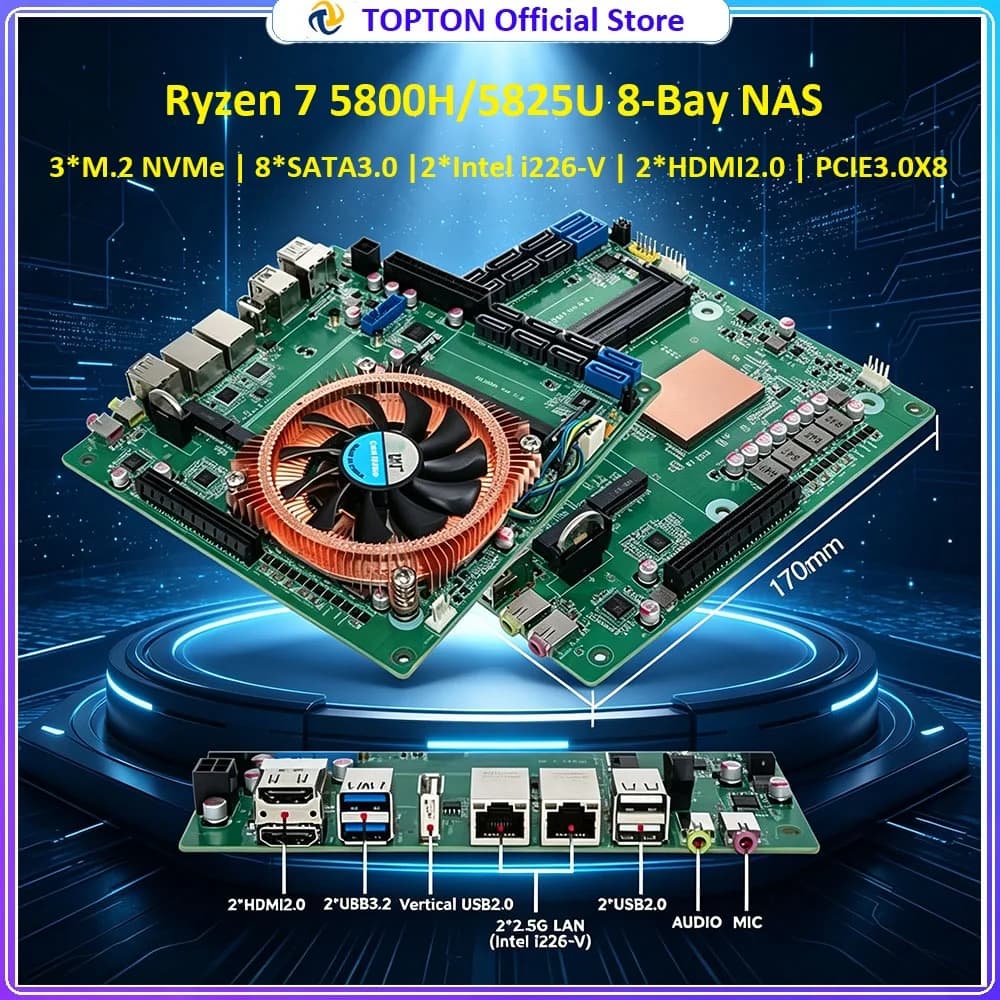 Topton 11-Bay NAS Motherboard N21 AMD Ryzen 9 5900H 5900HX 7 5825U 8*SATA 3*NVMe 2*2.5G LAN 2*DDR4 Gaming Firewall ITX Mainboard