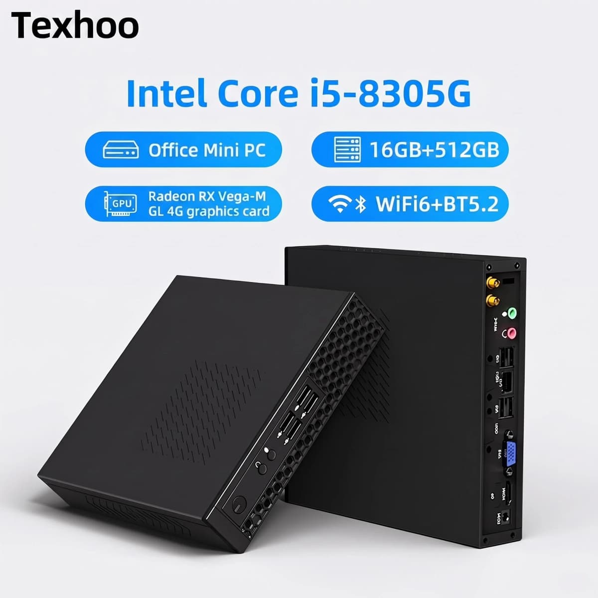 Texhoo MINI PC Intel Core i5‑8305G AMD GPU Radeon RX Vega M GL 4GB HBM2 16G DDR4 2666Mhz 512G SSD Desktop Mini Computers WIFI6