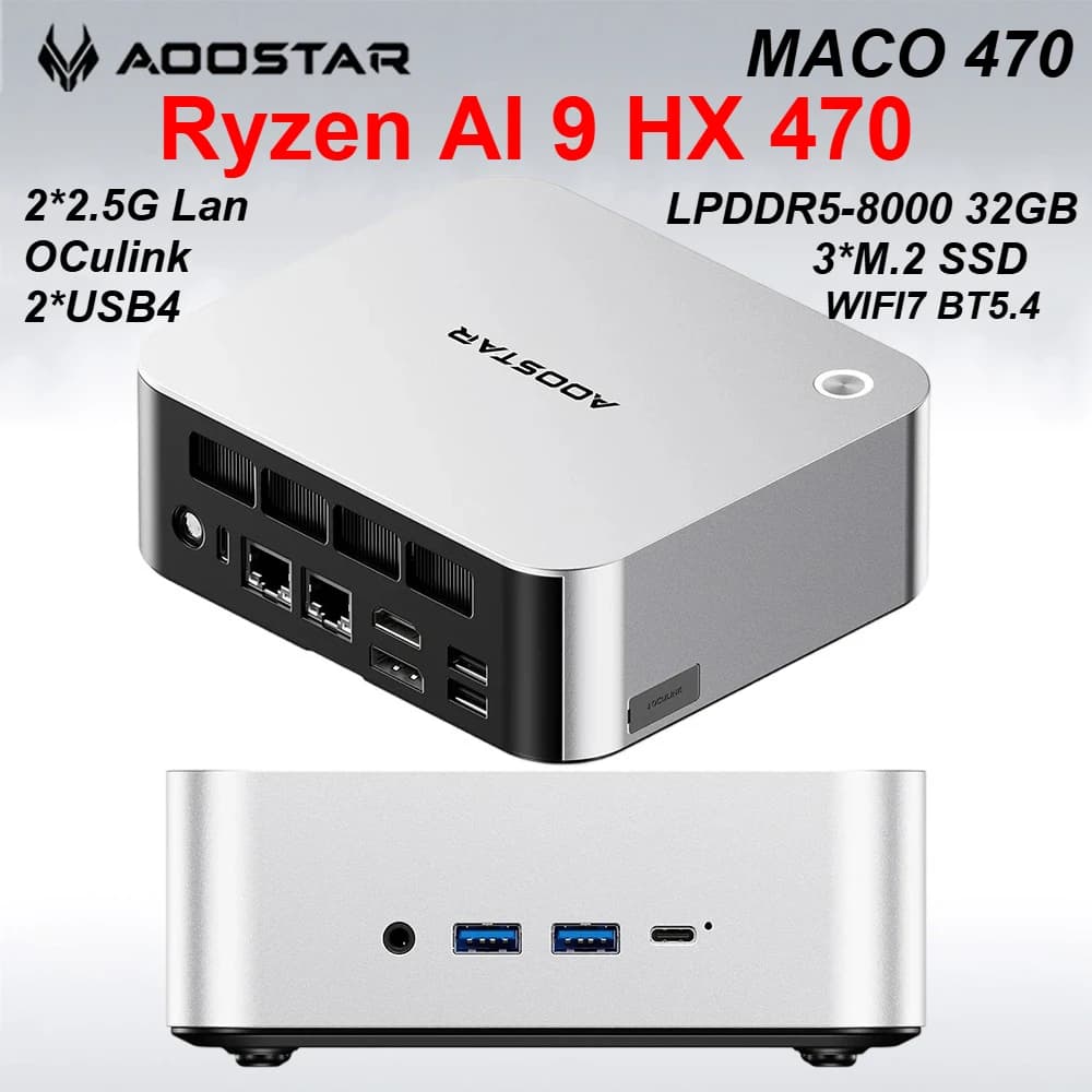 AOOSTAR MACO AMD Ryzen AI 9 HX 470 Powerful AI PC LPDDR5 32GB 3*M.2 2280 SSD USB4 OCulink WIFI7 BT5.4 Mini PC Gaming Computer