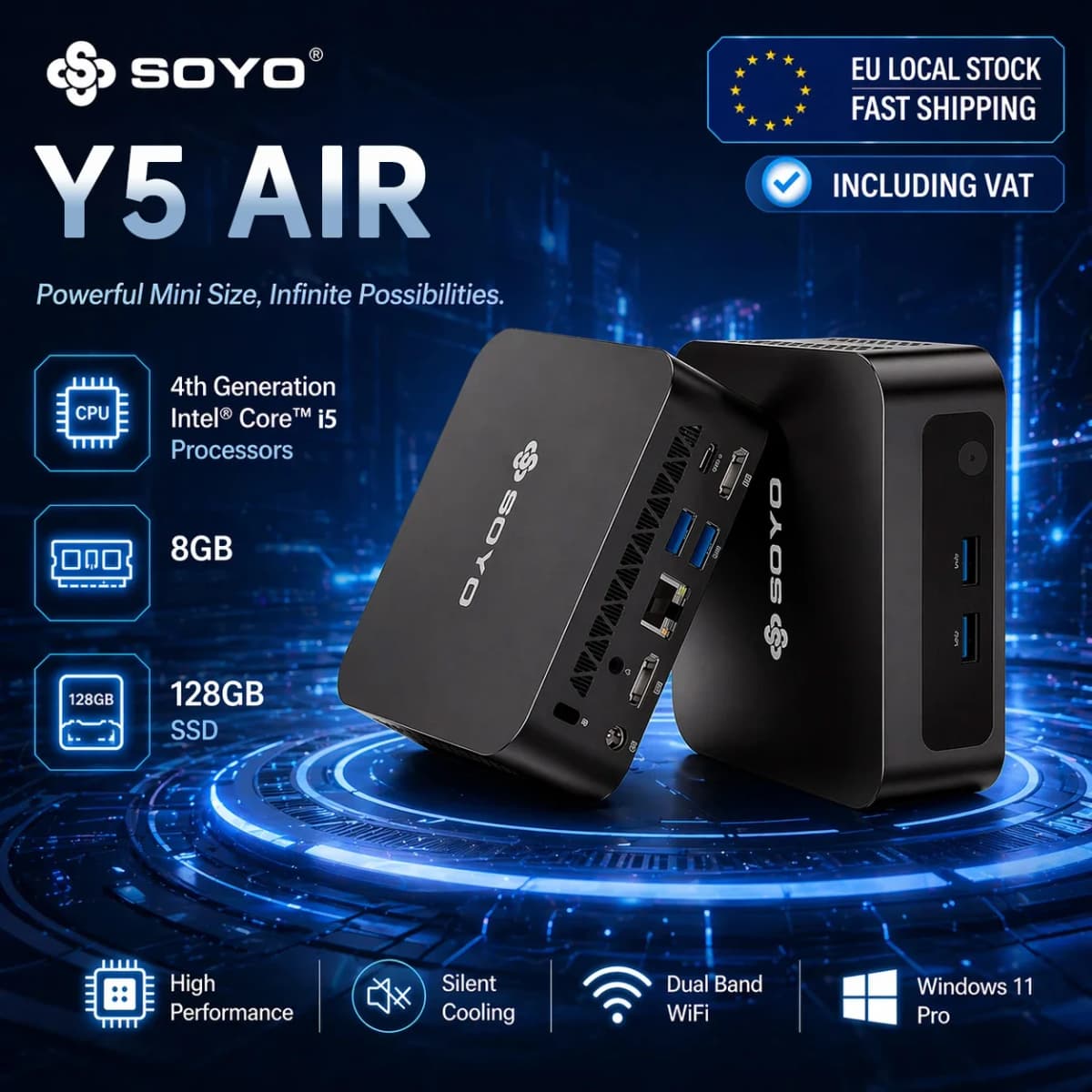 SOYO Y5 AIR Mini PC i5-4250U Processor 8GB RAM 128GB SSD Windows 11 Pro Bluetooth Wi-Fi 5 Mini Desktop Computer