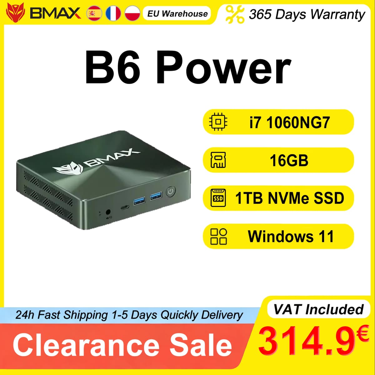 BMAX Mini PC B6 Power Intel Core i7 1060NG7 16GB RAM 1TB Windows 11 NVMe SSD NVMe_2280X2 HDMI USB Bluetooth Computer Type-C