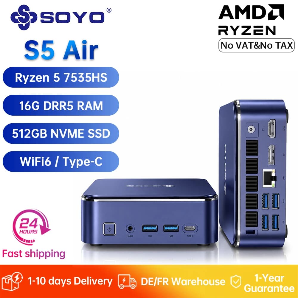 SOYO S5 Air Gaming Mini PC Ryzen 5 7535HS 16GB RAM LPDDR5 512GB NVME SSD Desktop Computers Office Home Triple 4K Display WiFi 6