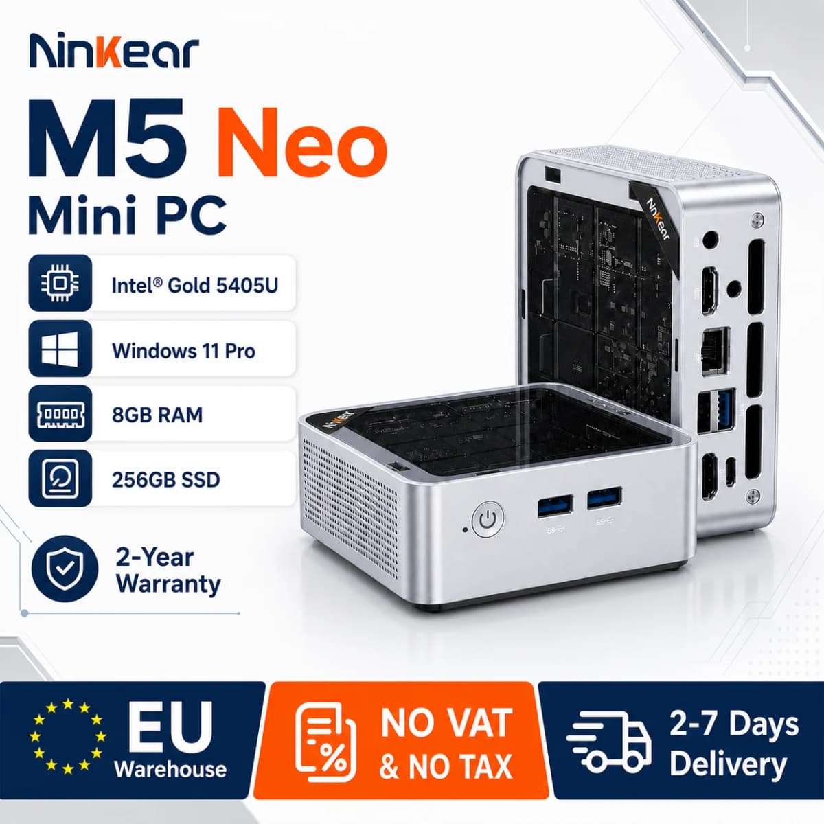 Ninkear M5 Neo Mini Pc, Intel Pentium Gold 5405U, 8GB RAM 256GB SSD, Windows 11, Dual Hdmi, Wifi 5, Bluetooth 5.0, 2Tb Expansion, Compact Desktop Computer