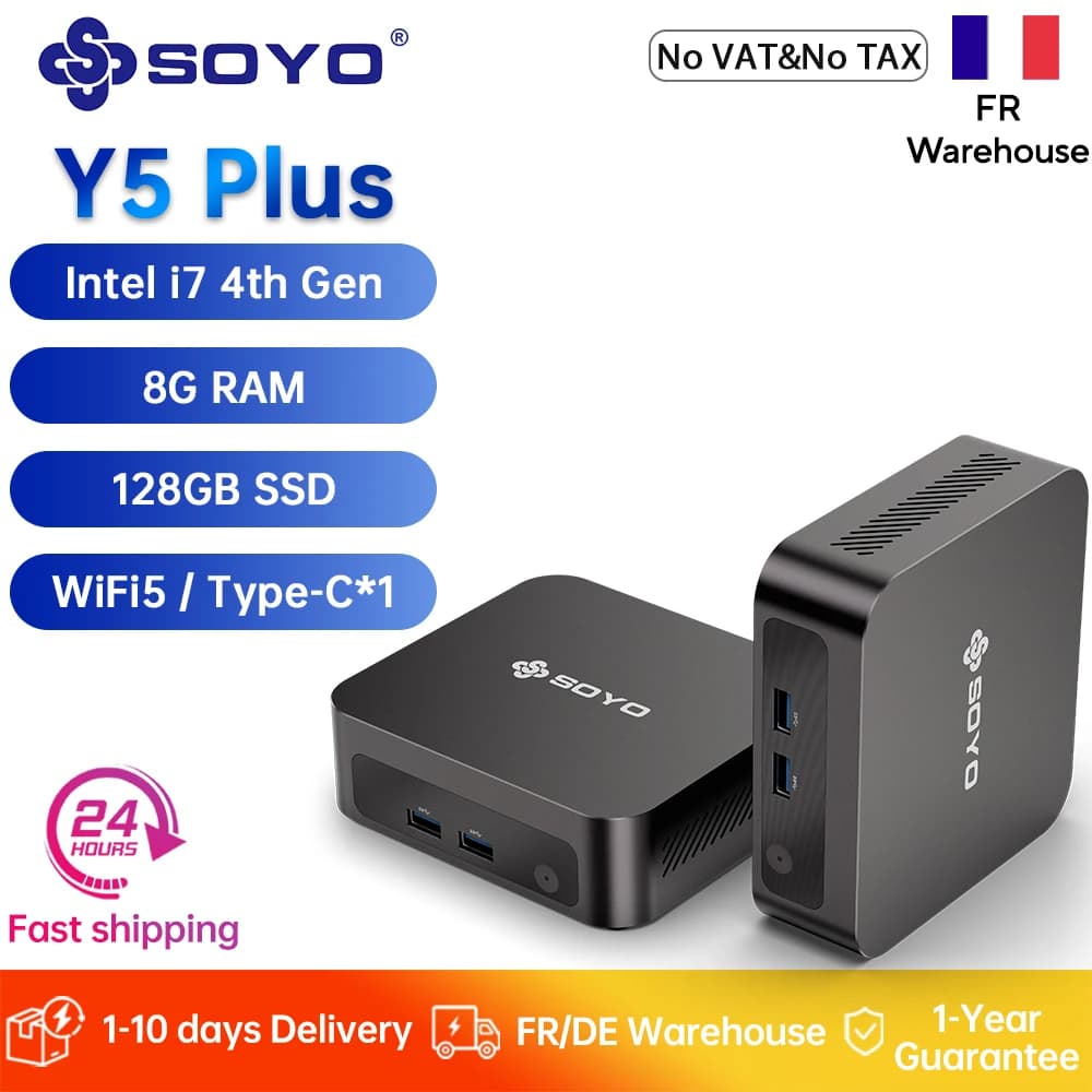 SOYO New Y5 Plus Mini PC Intel Core i7 4th CPU (Up to 3.3GHz) 8G RAM 128GB SSD Desktop Computers Dual 4K Display Type-C WiFi5
