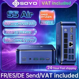 Soyo S5 Air Mini Pc Amd Ryzen 5 7535Hs 16Gb LPDdr5 512Gb M.2 Ssd Windows 11 Pro Amd Radeon Graphics Mini Desktop Computer Dual HDMI Type-C Rj45 Home Office Gaming Micro Pc