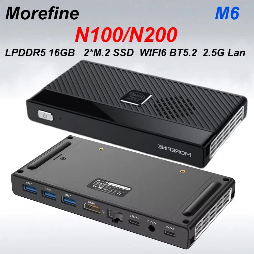 Morefine M6 Intel N100/N200 MINI PC LPDDR5 16GB 2*M.2 SSD Windows 11 Pro WIFI6 BT5.2 2.5G Lan Desk Office MINI PC Gamer Computer