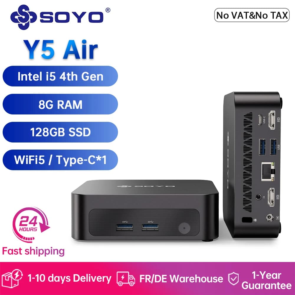 SOYO Mini PC Y5 Air Intel Core i5 4th CPU with 8GB RAM 128GB M.2 SSD Mini Desktop Computer Dual 4K Display, WiFi 5, BT4.2, USB-C