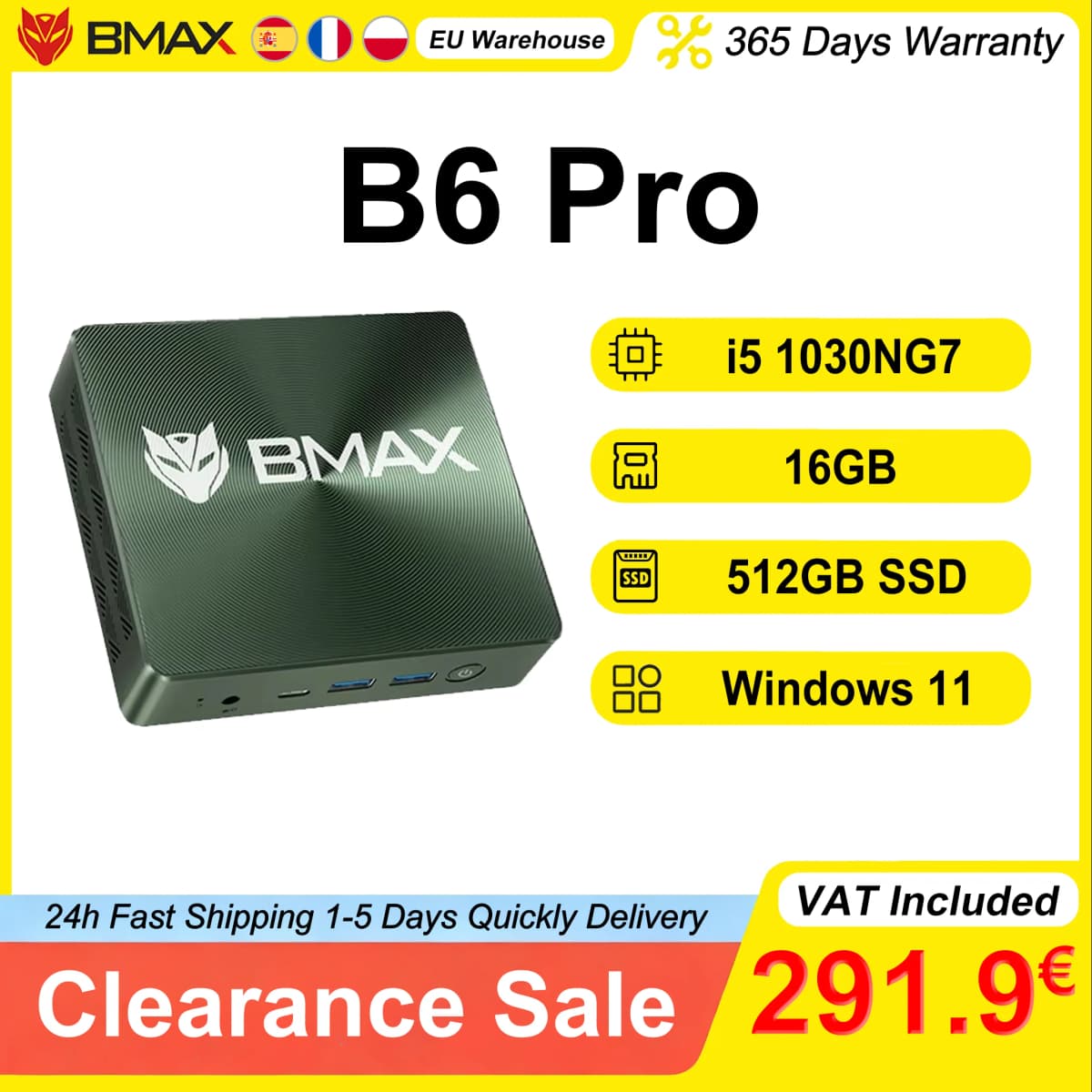 BMAX B6 Pro Mini PC Intel Core i5 1030NG7 16GB LPDDR4 512GB NVMe SSD Windows 11 WiFi 5 Bluetooth 4.2 Supports 4K@60Hz USB HDMI