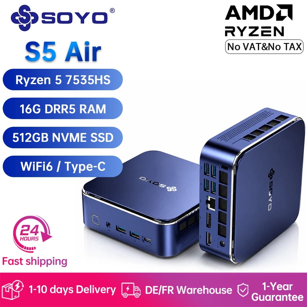 SOYO Gaming PC Mini Computer AMD Ryzen 5 7535HS Win11 Pro S5 Air Mini PC 16GB RAM LPDDR5 512GB PCIE SSD Triple 4K Display WiFi6 Type-C