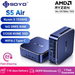 SOYO Gaming PC Mini Computer AMD Ryzen 5 7535HS Win11 Pro S5 Air Mini PC 16GB RAM LPDDR5 512GB PCIE SSD Triple 4K Display WiFi6 Type-C