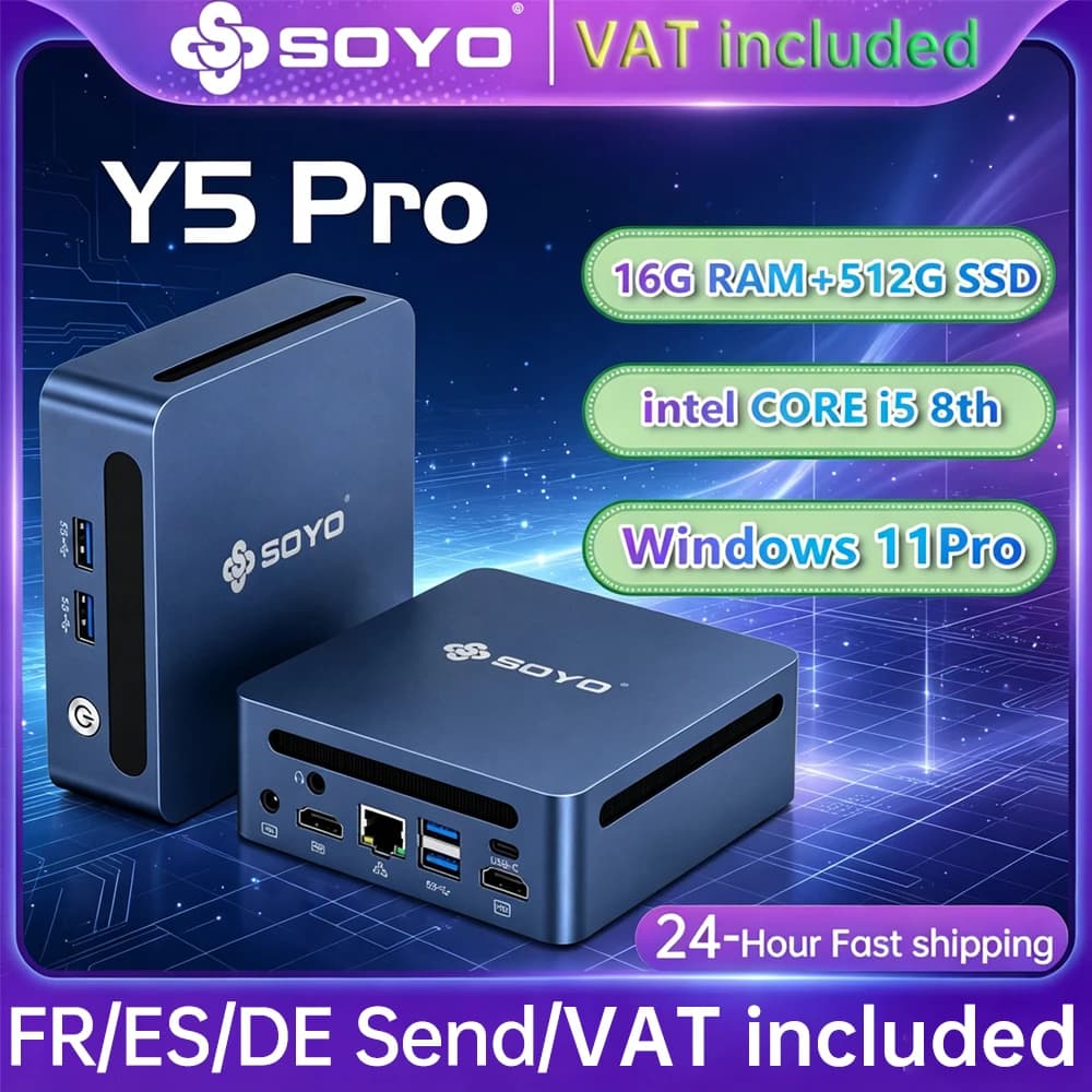 SOYO Y5 Pro Mini PC Intel Core i5‑8250U DDR4 16GB RAM 512GB SSD Windows 11 Pro Desktop Computer USB‑C HDMI RJ45 Ethernet WiFi Small Mini Desktop PC for Home Office Business Daily Work Entertainment