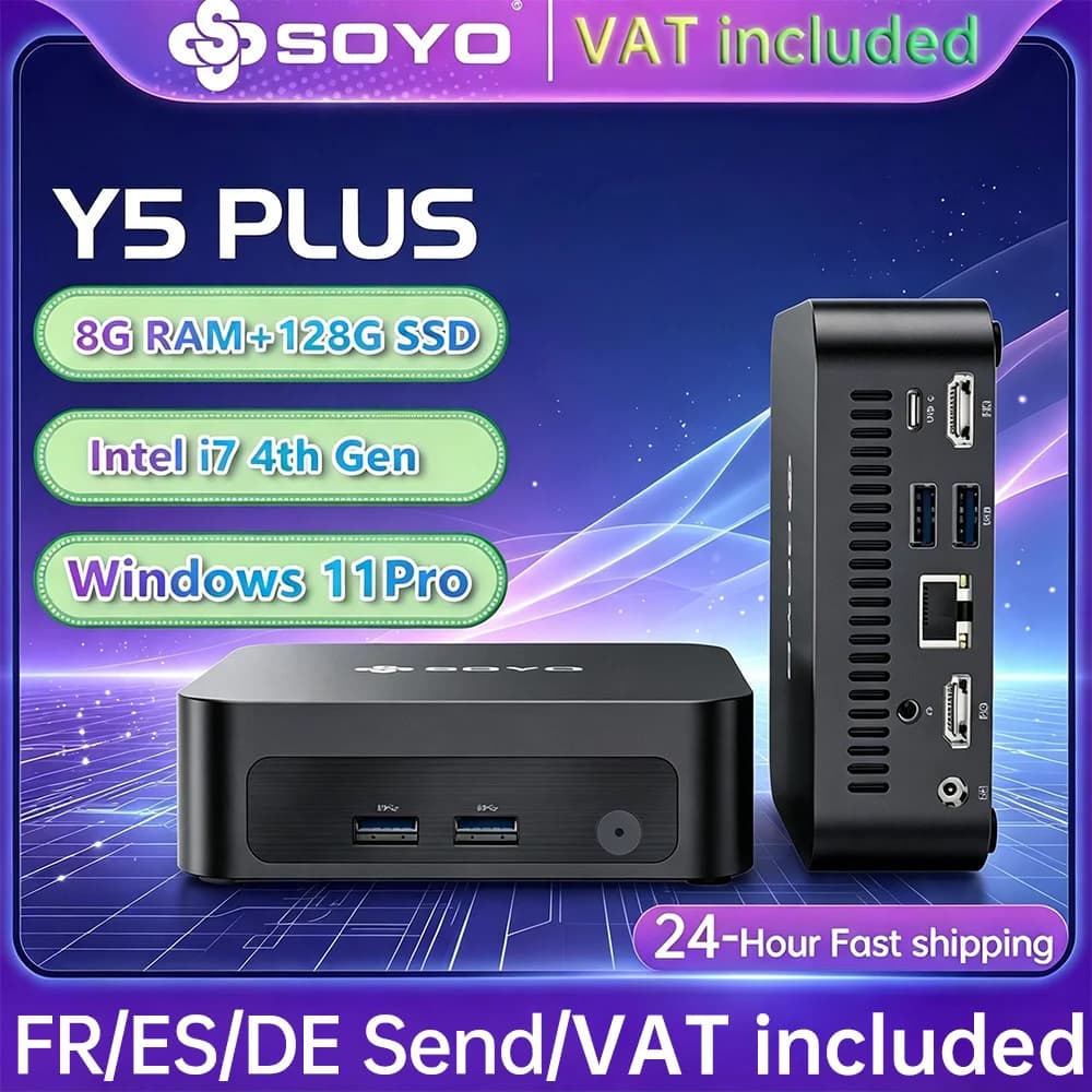 SOYO Mini PC Y5 PLUS Intel Core I7 4th Gen 8GB RAM 128GB ROM Windows 11 Pro WiFi BT4.2 Mini Desktop Computer HD Graphics HDMI Display RJ45 LAN USB3.0 Silent Cooling Home Office Business Portable Mini Host