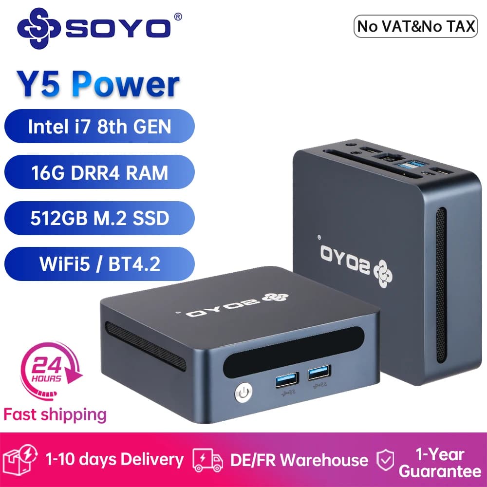 SOYO Y5 Power Mini PC Intel Core i7 8th Gen CPU 16GB DDR4 RAM 512GB M.2 SSD Mini Desktop PC Dual 4K Display WiFi5 BT4.2 Type-C