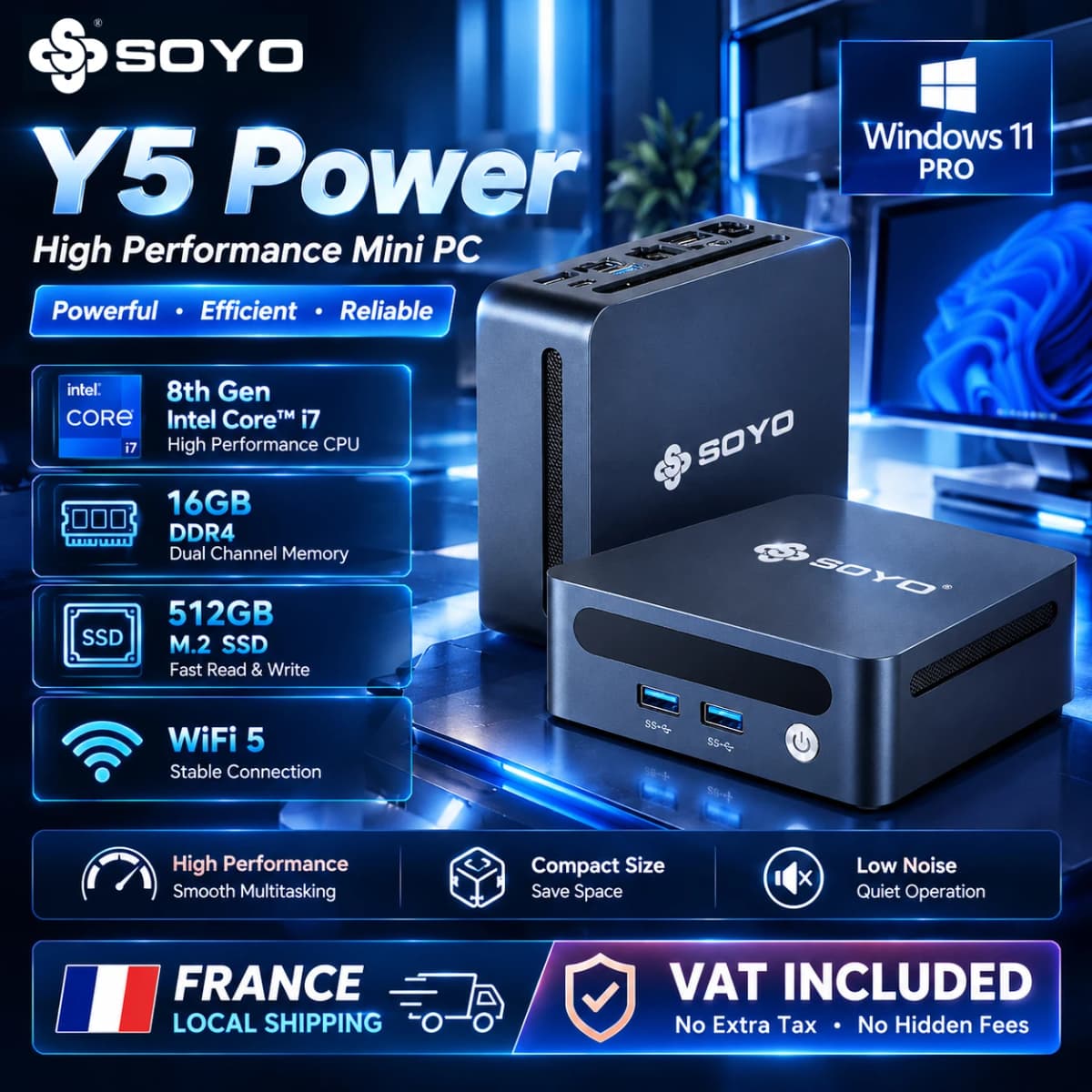 SOYO Y5 Power Mini PC Intel Core i7 8th Gen CPU Processor 16GB DDR4 RAM 512GB M.2 SSD Window 11 PRO WiFi5+BT High Performance Micro Home Office Computer